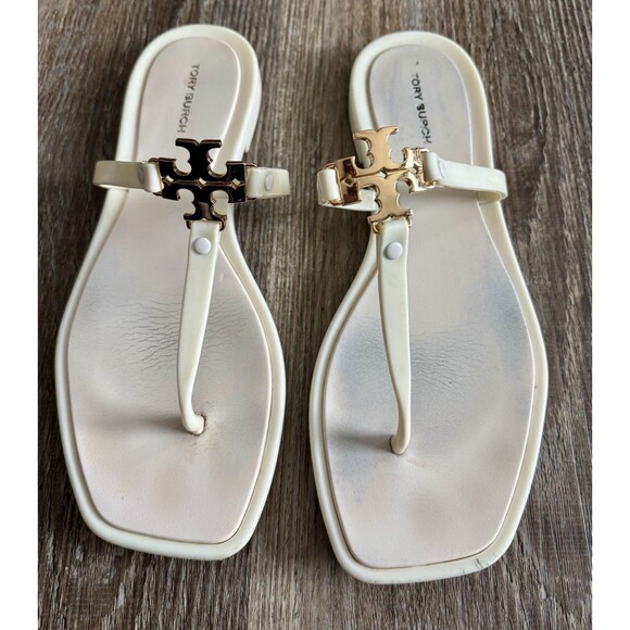 Tory Burch Roxanne Jelly Thong Sandal Ivory Slip On Gold Accent Shoe Size 9 - Picture 2 of 4